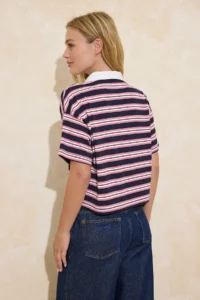 TRENDYOLMİLLA Navy Blue Striped Regular/Normal Pattern Polo Shirt Collar Tok Cotton Knitting T-Shirt - Image 4