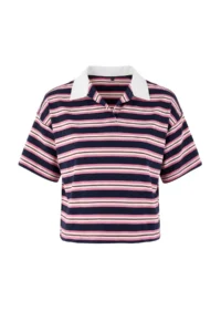 TRENDYOLMİLLA Navy Blue Striped Regular/Normal Pattern Polo Shirt Collar Tok Cotton Knitting T-Shirt - Image 5