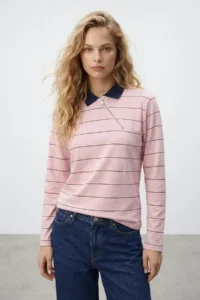 TRENDYOLMİLLA Pink Striped Regular/Normal Pattern Polo Shirt Collar Zipper Tok 100% Cotton Knitting T-Shirt