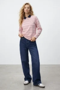 TRENDYOLMİLLA Pink Striped Regular/Normal Pattern Polo Shirt Collar Zipper Tok 100% Cotton Knitting T-Shirt - Image 2