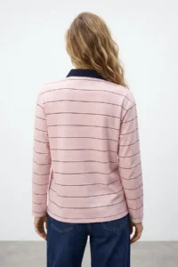 TRENDYOLMİLLA Pink Striped Regular/Normal Pattern Polo Shirt Collar Zipper Tok 100% Cotton Knitting T-Shirt - Image 3