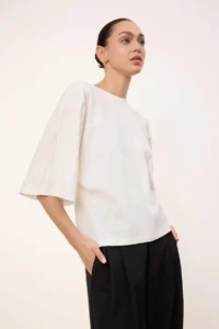 TRENDYOLMİLLA Wardrobe Essentials-Ecru Wide Pattern Bat Arm 100% Cotton Knitting T-Shirt - Image 2