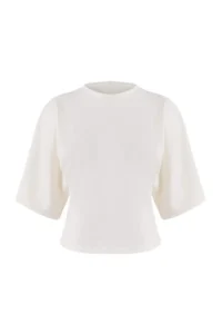 TRENDYOLMİLLA Wardrobe Essentials-Ecru Wide Pattern Bat Arm 100% Cotton Knitting T-Shirt - Image 5