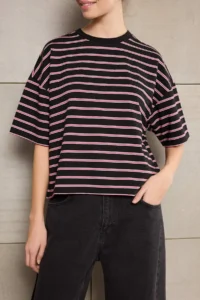 TRENDYOLMİLLA Teen Multicolored Striped Boxy/relaxed Pattern Short Sleeve Cotton Blended Knitting T-Shirt - Image 3