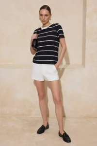 TRENDYOLMİLLA Black Striped Regular/Normal Pattern Short Sleeve Soild 100% Cotton Knitting T-Shirt - Image 2