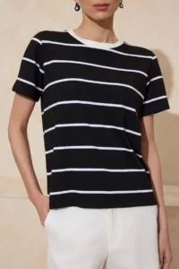 TRENDYOLMİLLA Black Striped Regular/Normal Pattern Short Sleeve Soild 100% Cotton Knitting T-Shirt - Image 3