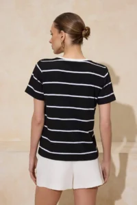 TRENDYOLMİLLA Black Striped Regular/Normal Pattern Short Sleeve Soild 100% Cotton Knitting T-Shirt - Image 4