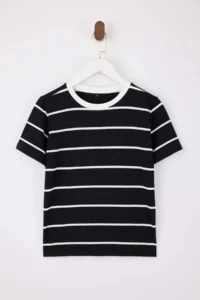 TRENDYOLMİLLA Black Striped Regular/Normal Pattern Short Sleeve Soild 100% Cotton Knitting T-Shirt - Image 5