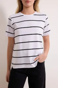 TRENDYOLMİLLA Ecru Striped Regular/Normal Pattern Short Sleeve Tok 100% Cotton Knitting T-Shirt - Image 3