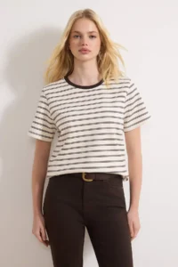 TRENDYOLMİLLA Brown Striped Regular/Normal Pattern Short Sleeve Tok interlock Knitting T-Shirt