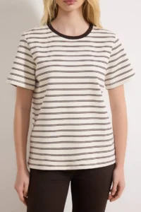 TRENDYOLMİLLA Brown Striped Regular/Normal Pattern Short Sleeve Tok interlock Knitting T-Shirt - Image 3