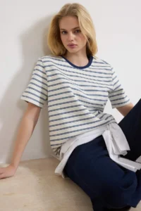 TRENDYOLMİLLA Navy Blue Striped Regular/Normal Pattern Short Sleeve Tok interlock Knitting T-Shirt