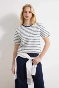 TRENDYOLMİLLA Navy Blue Striped Regular/Normal Pattern Short Sleeve Tok interlock Knitting T-Shirt - Image 2