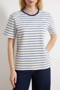 TRENDYOLMİLLA Navy Blue Striped Regular/Normal Pattern Short Sleeve Tok interlock Knitting T-Shirt - Image 3