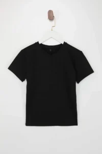TRENDYOLMİLLA Black Fitted V-neck Short Sleeve Cotton Flexible Knitting T-Shirt - Image 5