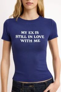 TRENDYOLMİLLA Navy Blue Slogan Fitted Cotton Rib Knitting T-Shirt - Image 3