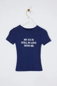 TRENDYOLMİLLA Navy Blue Slogan Fitted Cotton Rib Knitting T-Shirt - Image 5