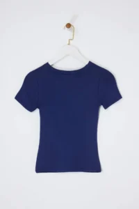 TRENDYOLMİLLA Navy Blue Slogan Fitted Cotton Rib Knitting T-Shirt - Image 6