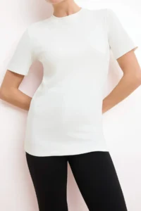TRENDYOLMİLLA Ecru Fitted Short Sleeve Cotton Rib Knitting T-Shirt - Image 3