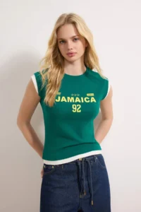 TRENDYOLMİLLA Emerald Green Printed Fitted Short Sleeve Crop Cotton Rib Knitting T-Shirt
