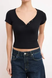 TRENDYOLMİLLA Black Fitted V-neck Short Sleeve Cotton Rib Knitting T-Shirt - Image 3
