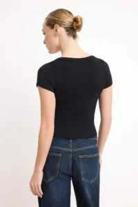 TRENDYOLMİLLA Black Fitted V-neck Short Sleeve Cotton Rib Knitting T-Shirt - Image 4