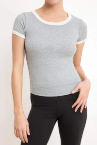 TRENDYOLMİLLA Gray Melange Fitted Short Sleeve Cotton Rib Knitting T-Shirt - Image 3
