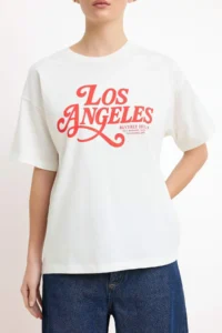 TRENDYOLMİLLA Ecru Slogan Oversized/Wide Pattern Drop Sleeve Short Sleeve Tok 100% Cotton Knitting T-Shirt - Image 3