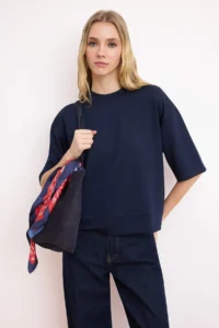 TRENDYOLMİLLA Navy Blue Oversized/Wide Pattern Drop Sleeve Three Quarter Soft Touch Knitting T-Shirt