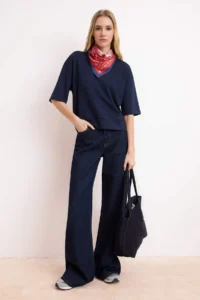 TRENDYOLMİLLA Navy Blue Oversized/Wide Pattern Drop Sleeve Three Quarter Soft Touch Knitting T-Shirt - Image 2