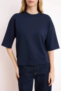 TRENDYOLMİLLA Navy Blue Oversized/Wide Pattern Drop Sleeve Three Quarter Soft Touch Knitting T-Shirt - Image 3