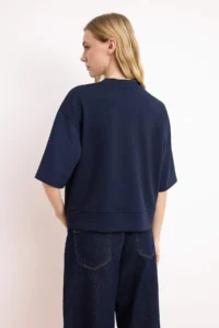 TRENDYOLMİLLA Navy Blue Oversized/Wide Pattern Drop Sleeve Three Quarter Soft Touch Knitting T-Shirt - Image 4