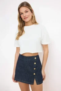 TRENDYOLMİLLA Ecru Super Crop Drop Sleeve Short Sleeve 100% Cotton Knitting T-Shirt