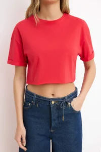 TRENDYOLMİLLA Rejection Super Crop Drop Sleeve Short Sleeve 100% Cotton Knitting T-Shirt - Image 3