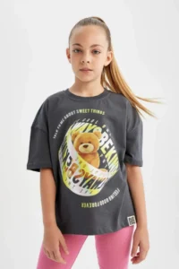 DeFacto Oversize Wide Fit Crew Neck 3D Printed Short Sleeve T-Shirt Girls - Image 3