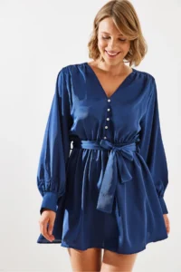 Bianco Lucci Women's Belted Button Detailed Satin Dress MBMS003 - Image 2