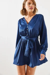 Bianco Lucci Women's Belted Button Detailed Satin Dress MBMS003 - Image 3