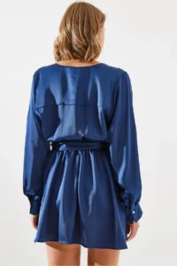 Bianco Lucci Women's Belted Button Detailed Satin Dress MBMS003 - Image 5
