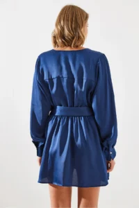 Bianco Lucci Women's Belted Button Detailed Satin Dress MBMS003 - Image 6