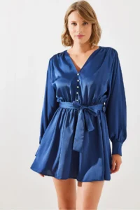 Bianco Lucci Women's Belted Button Detailed Satin Dress MBMS003 - Image 7