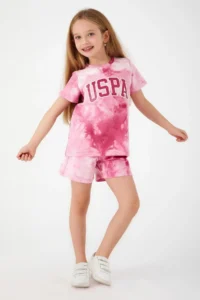 US Polo Assn. Base. Polo Assn Pink Font Detail Light White Girls Shorts Set - Image 2
