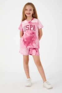 US Polo Assn. Base. Polo Assn Pink Font Detail Light White Girls Shorts Set - Image 3