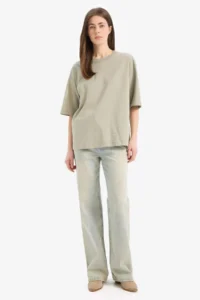 DeFacto Oversize Wide Fit Crew Neck Basic Plain Combed Cotton Short Sleeve T-Shirt - Image 3