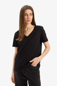 DeFacto 100% Cotton Regular Fit V-Neck Basic Plain Short Sleeve Black T-Shirt W9578az25sp - Image 3
