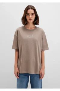 Mavi Logo Printed Beige T-Shirt Oversize / Wide Cut 1611592-70364 - Image 4