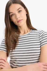 DeFacto Fitted Crew Neck Striped Ribbed Camisole Short Sleeve T-Shirt