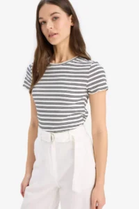DeFacto Fitted Crew Neck Striped Ribbed Camisole Short Sleeve T-Shirt - Image 5
