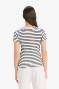 DeFacto Fitted Crew Neck Striped Ribbed Camisole Short Sleeve T-Shirt - Image 6