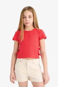 DeFacto Slim Fit Narrow Cut Crew Neck Ribbed Camisole Short Sleeve T-Shirt Girl Child - Image 3
