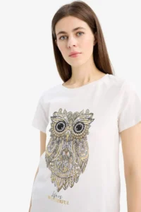 DeFacto Regular Fit Crew Neck Owl Patterned Combed Cotton Short Sleeve T-Shirt